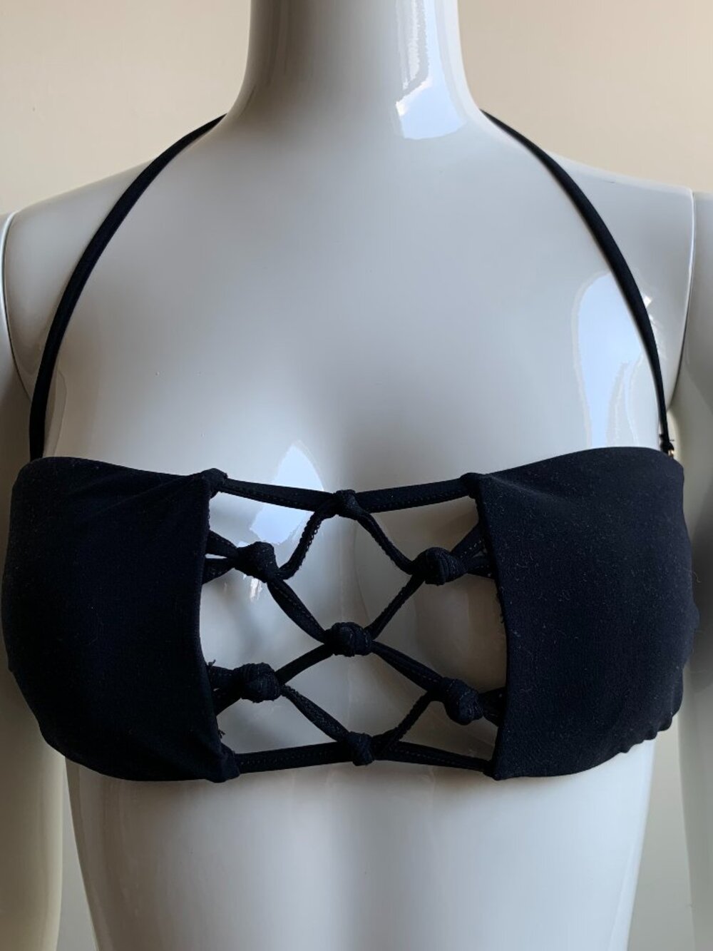 Sauvage black macrame strappy bandeau bikini top